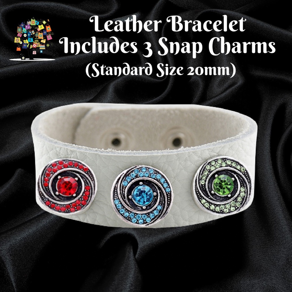 Snap Charm Bracelet 22 cm White Leather Includes 3 Snaps Shown